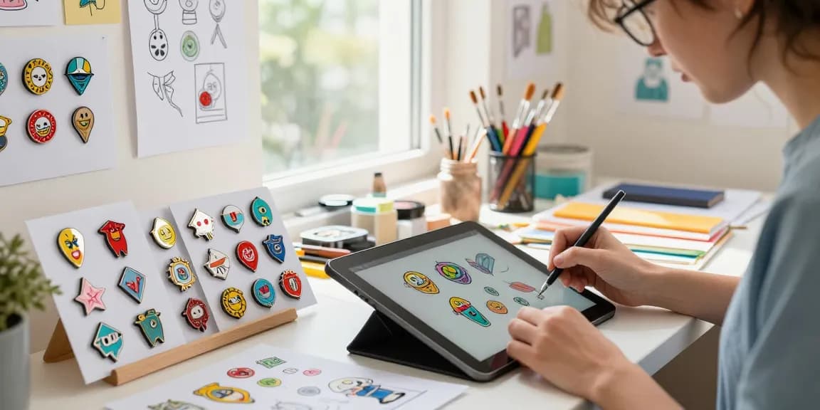 Custom pins designs on a digital tablet in an artist's studio, showcasing colorful creativity and artistry.