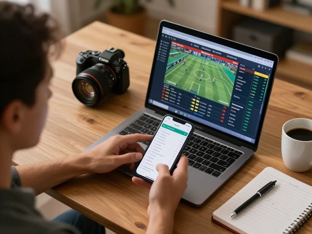Person using laptop and smartphone for online betting at https://net88.wtf/ with live sports odds displayed.