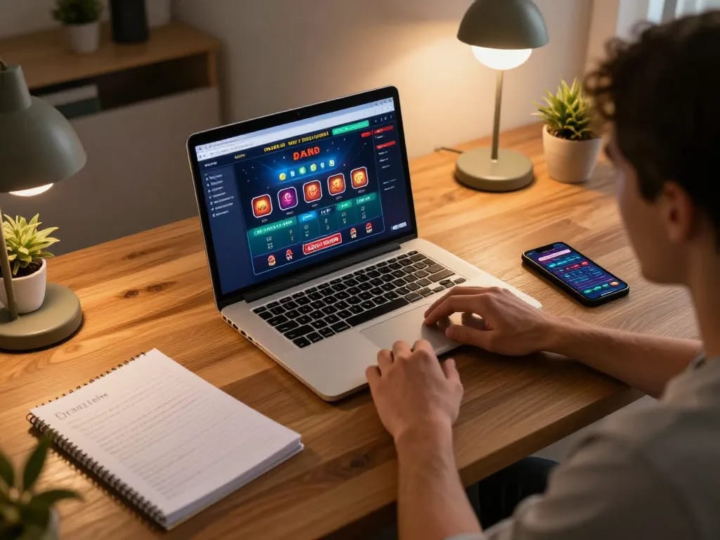 Tubidy mp3 download showcased in a dynamic online gambling setup with a laptop interface.