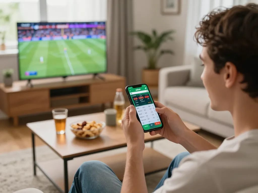 Person using the oxbet app for live sports betting in a cozy home setting