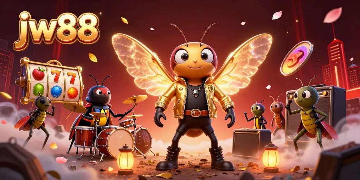 Experience the excitement of jw88 with a vibrant 3D illustration showcasing a rock star cicada and casino elements.
