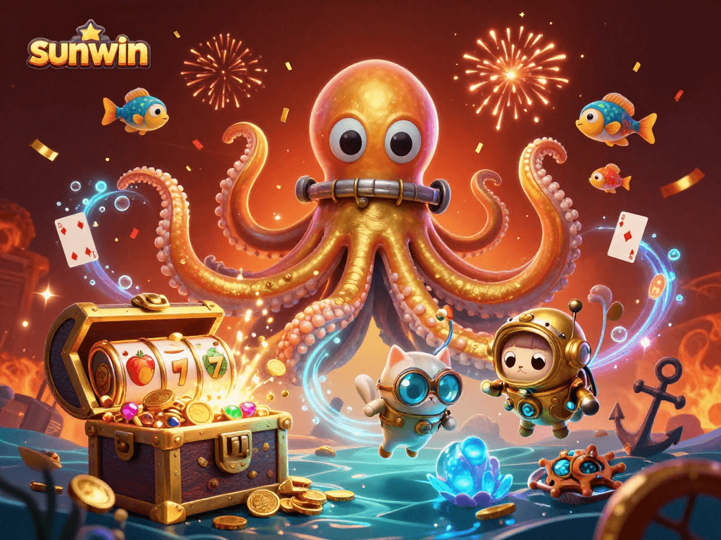 Discover sunwin's thrilling casino atmosphere with a kraken, diving cat, and vibrant game elements.