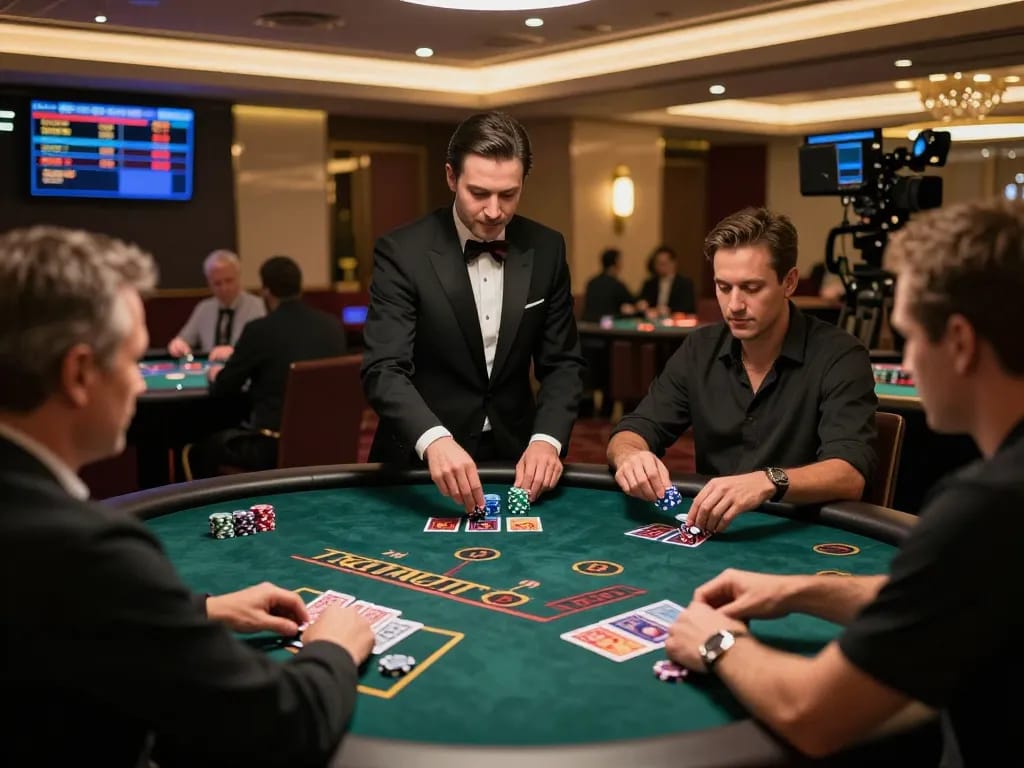 Experienced players engaged in action at HELLO88 live casino blackjack table, showcasing strategy and excitement.