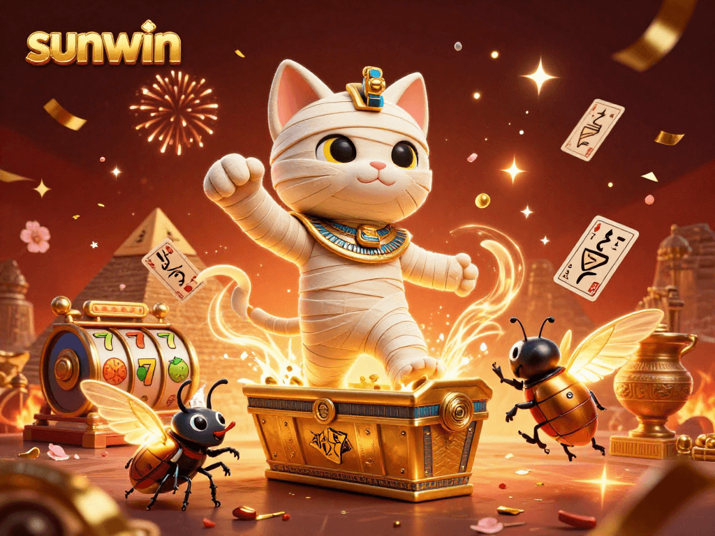 Win big at Sunwin with a vibrant 3D casino scene displaying a mummy cat and magical elements.