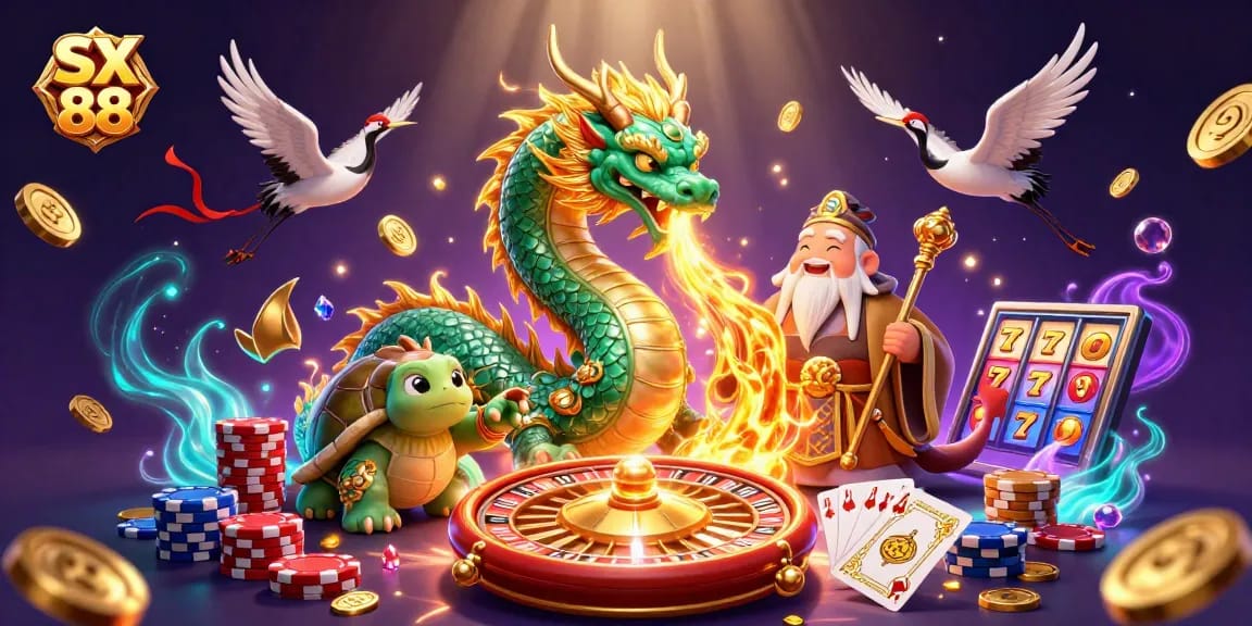 SX 88 reveals an emerald dragon, turtle sage, lucky cranes, and casino treasures in an immersive gaming scene.
