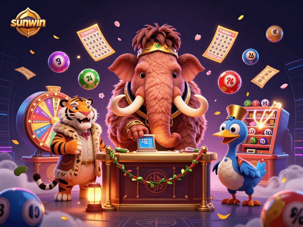 Win big with sunwin at the vibrant casino scene featuring lively characters and dynamic gambling activities.