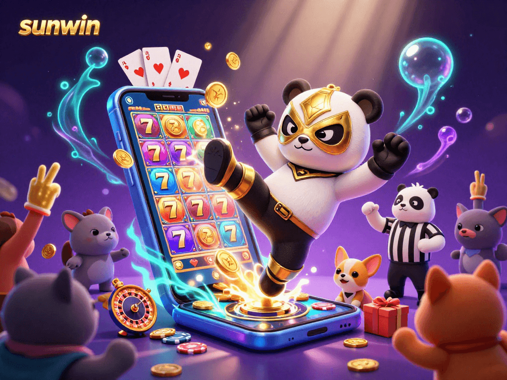 Experience thrilling gameplay with sunwin as the 3D panda wrestler soars above slot reels and cheering fans.