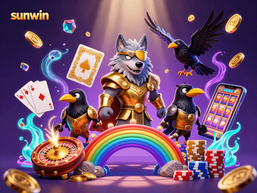Bet big with sunwin at a vibrant casino scene featuring Odin and his ravens, amidst a flurry of winnings.