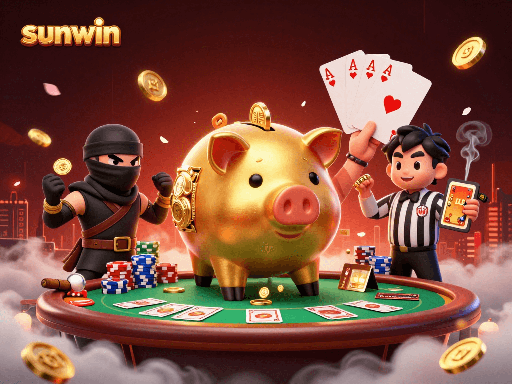 Engage with sunwin as the golden piggy bank sumo wrestler shakes coins in this exciting casino illustration.