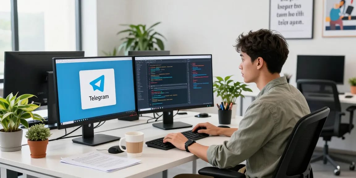 Telegram Download showcased in a vibrant tech workspace with a developer coding.