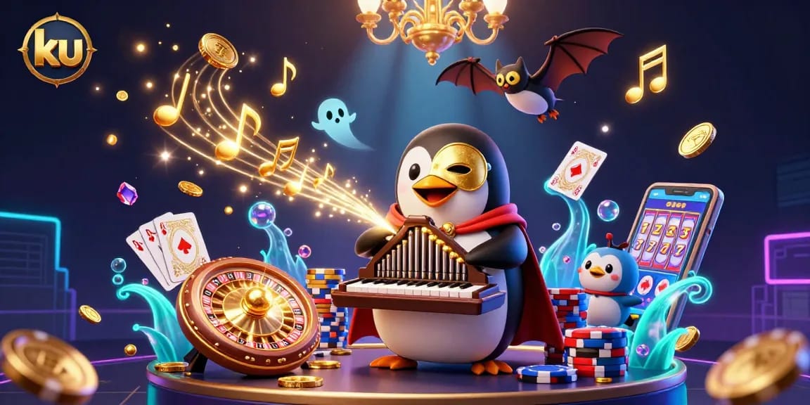 Engage with ku's exciting casino adventures featuring a penguin playing organ as coins and gems soar.