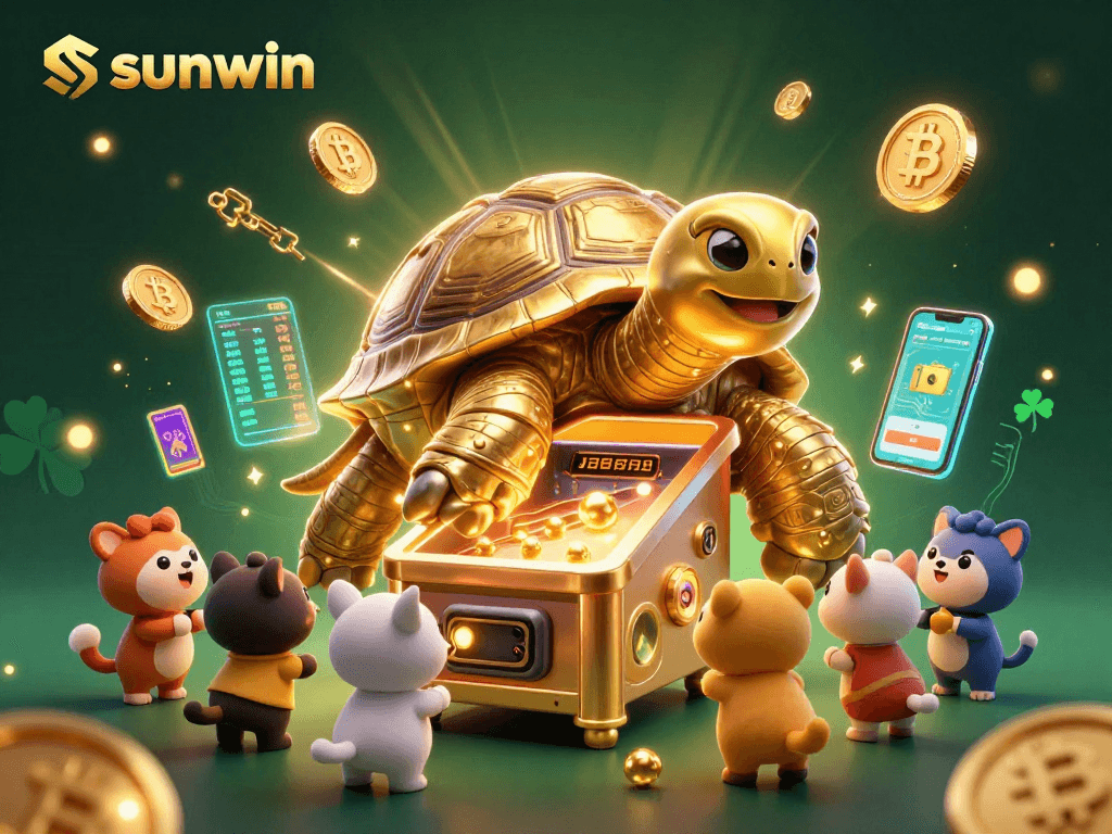 Sunwin showcases a lively 3D casino scene with a grand tortoise pinball, vibrant coins, and excited players.