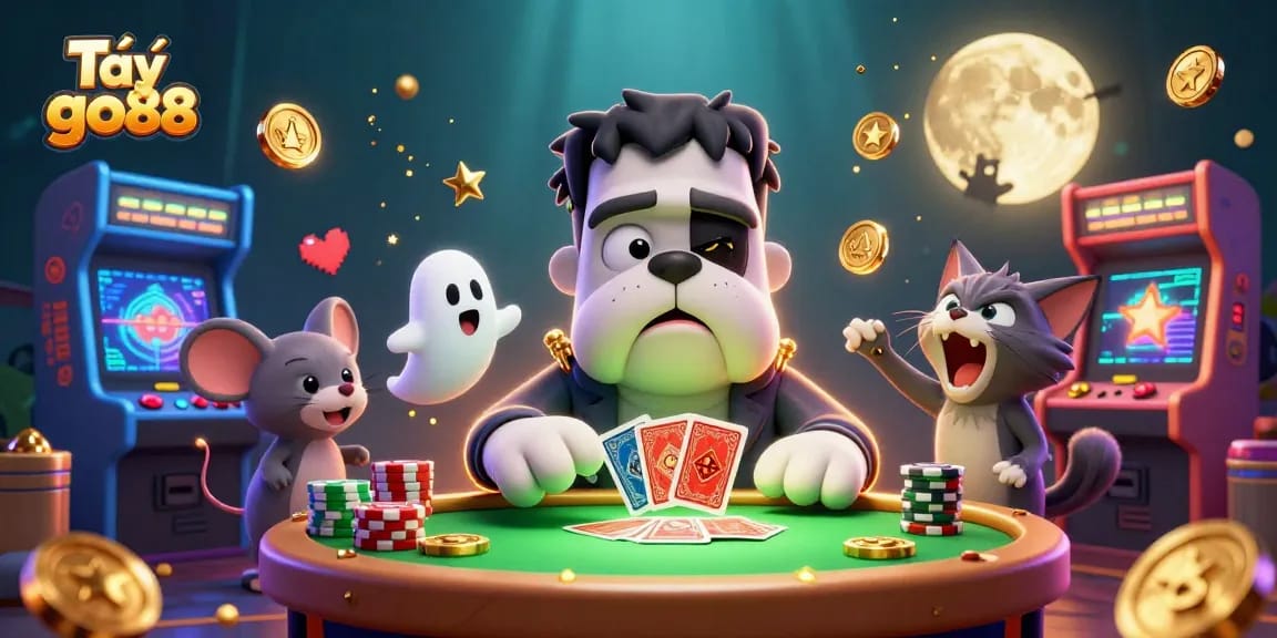 Tải go88 cards dealt by a monster at a game table, with glowing arcade elements.