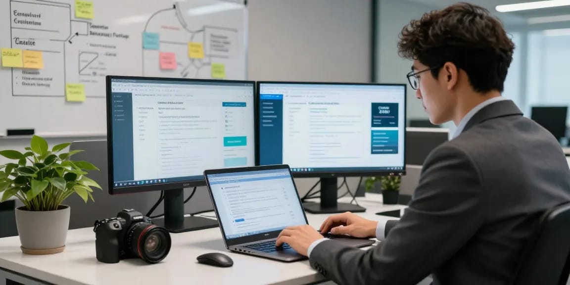 Learn how to get cyber essentials certified with a dedicated IT consultant examining a compliance checklist in a modern office.