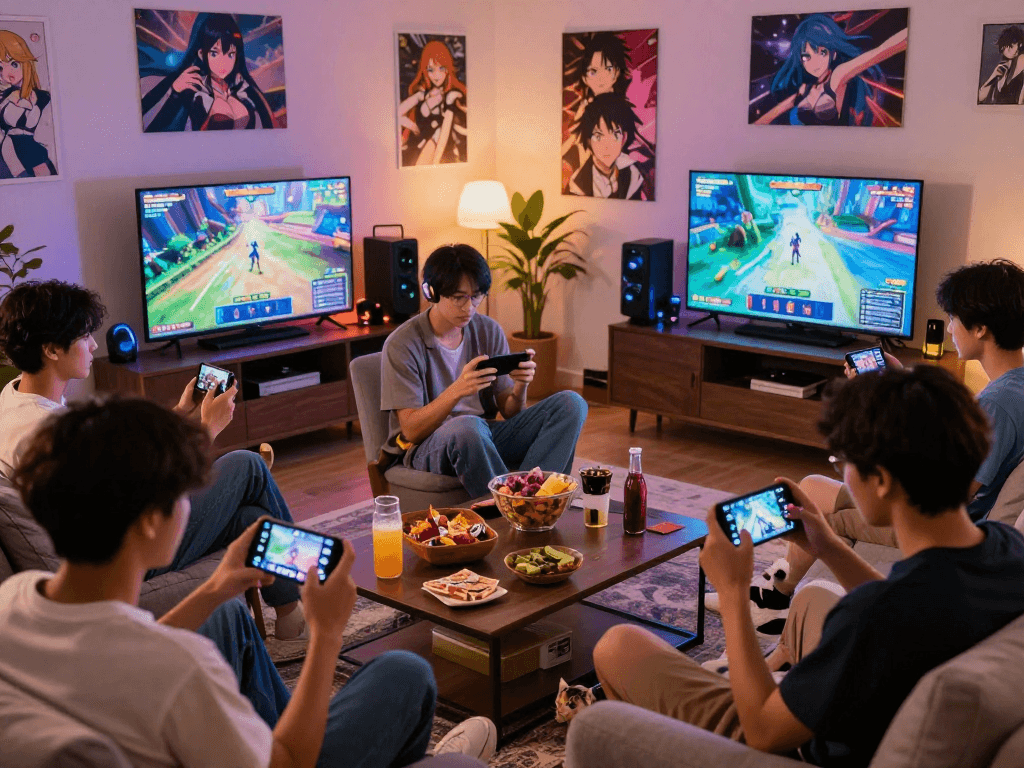 Players enjoying hentai games together in a cozy living room, highlighting community and fun.