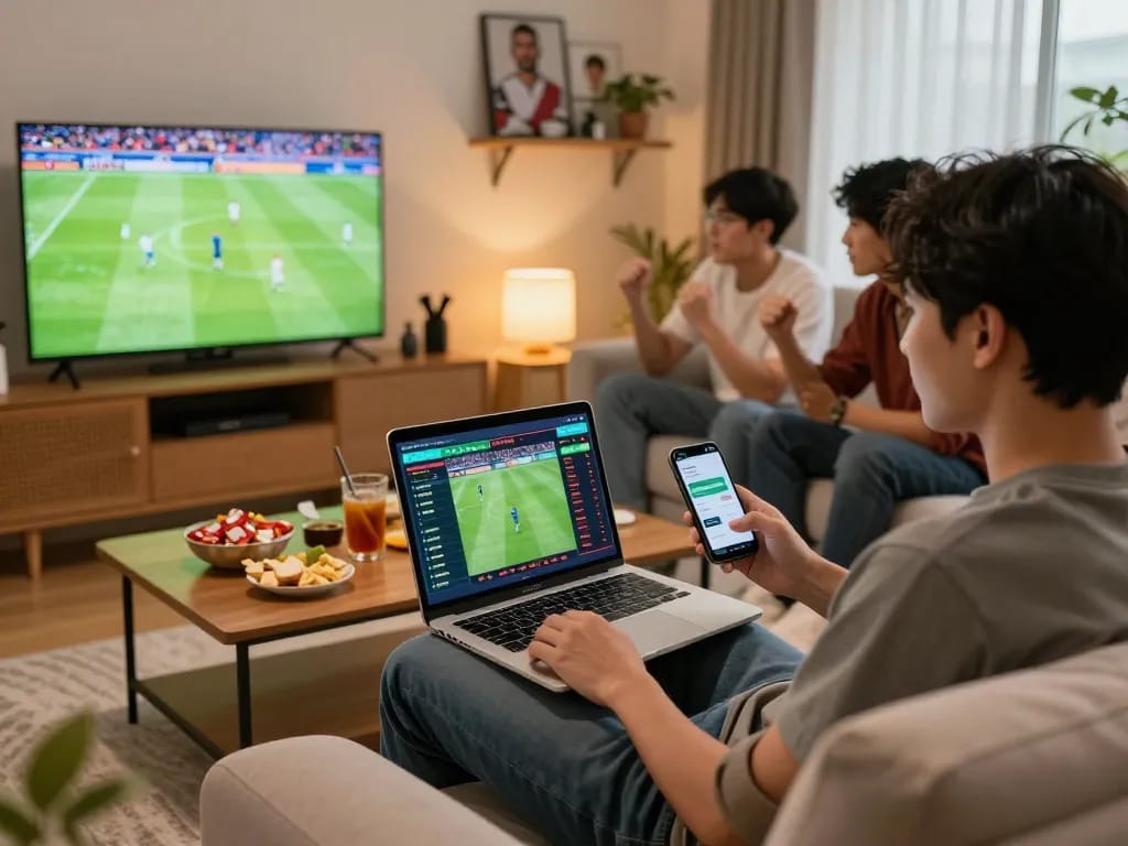 Engaged sports bettor enjoying judi bola while watching a live match with friends in a cozy setting.
