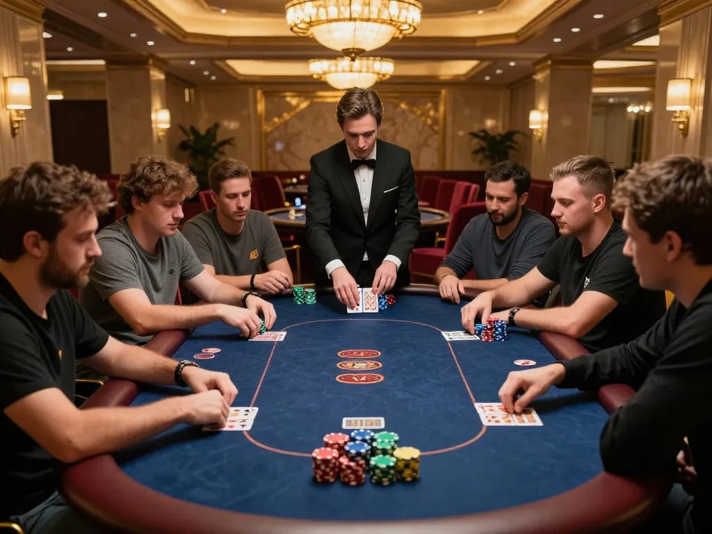 FIVE88 poker night scene with players analyzing their hands and chips in an upscale casino.