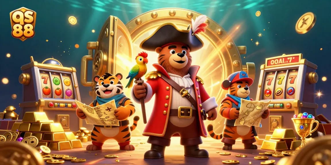 Experience the thrill of qs 88 with a 3D cartoon pirate captain amidst gold treasures and slot machines.