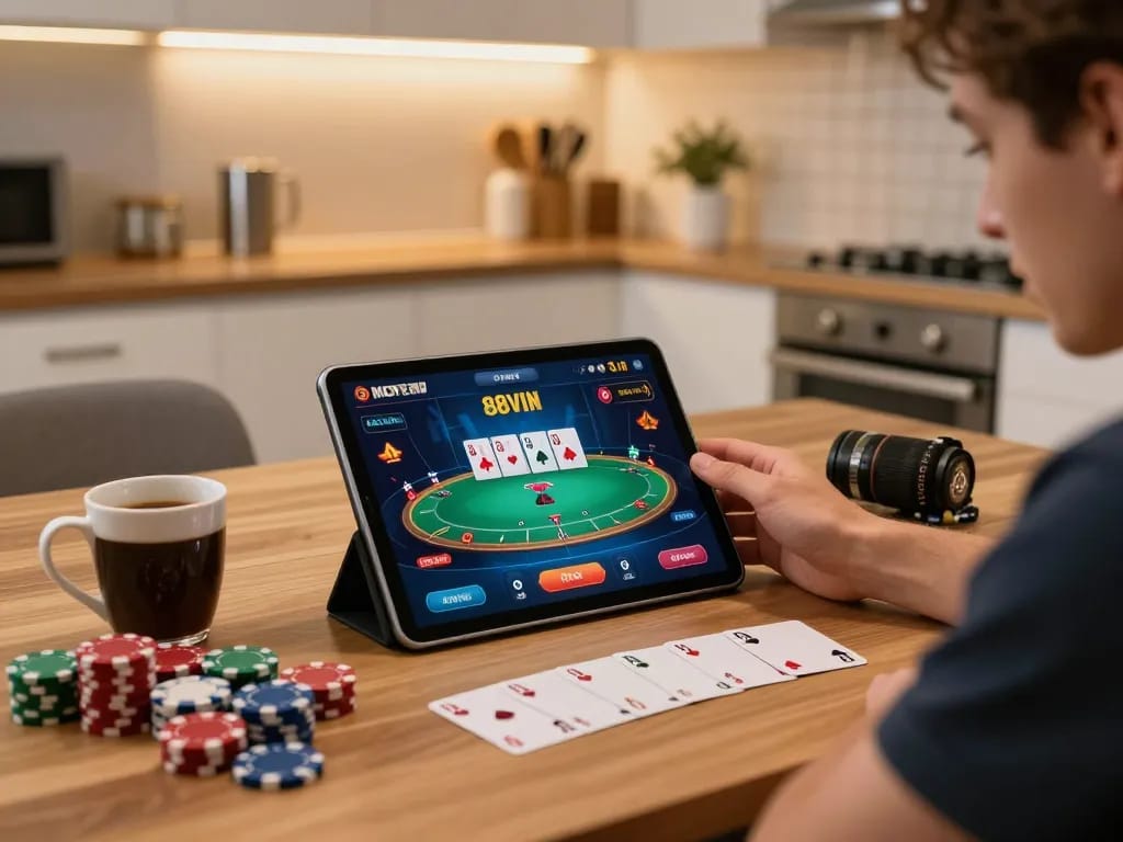Engaged player participating in a poker game on 88VIN online platform, showcasing vibrant home gaming atmosphere.