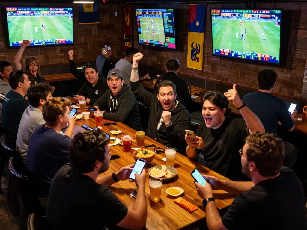 Sports enthusiasts engaging in live betting at LC88, celebrating team wins with excitement.
