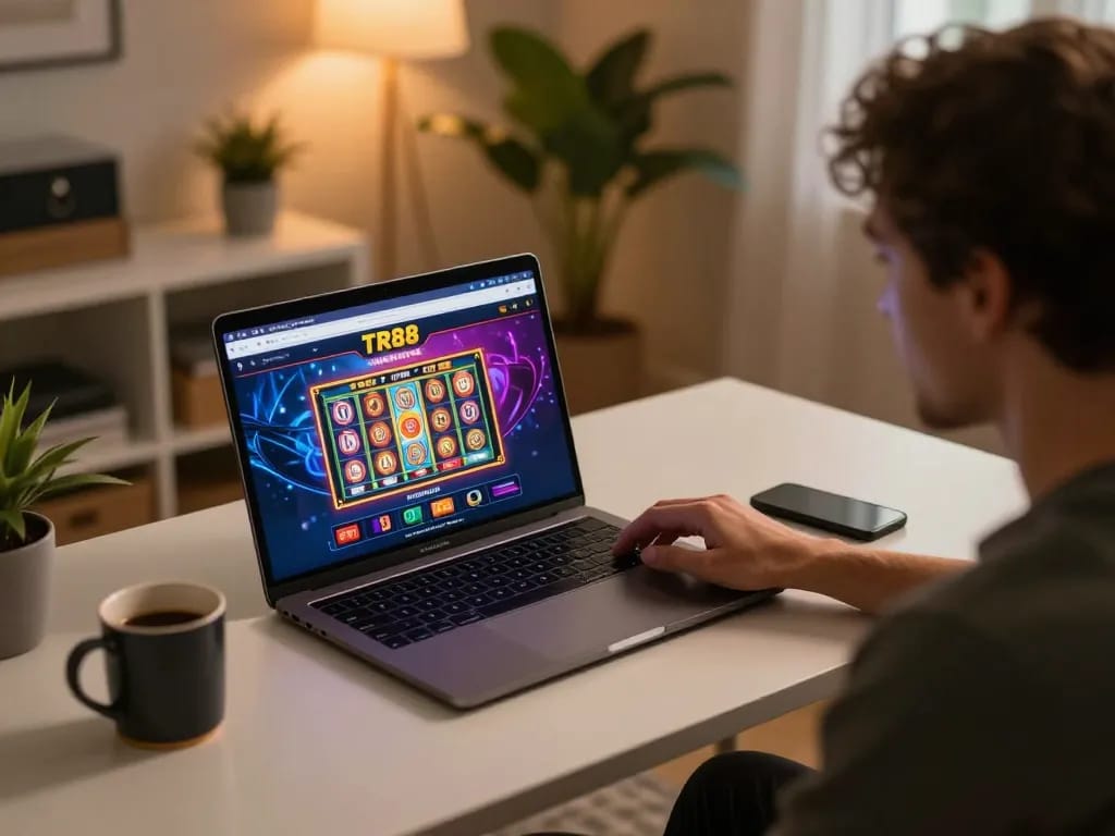 Player engaging with TR88 online casino on a laptop, showcasing vibrant game interface