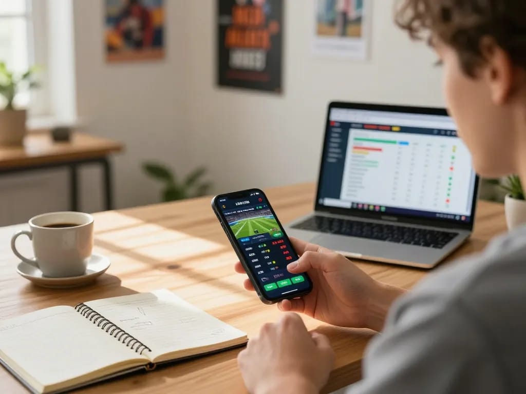 SIN88 user engaging in sports betting on a smartphone in a modern home office setting.
