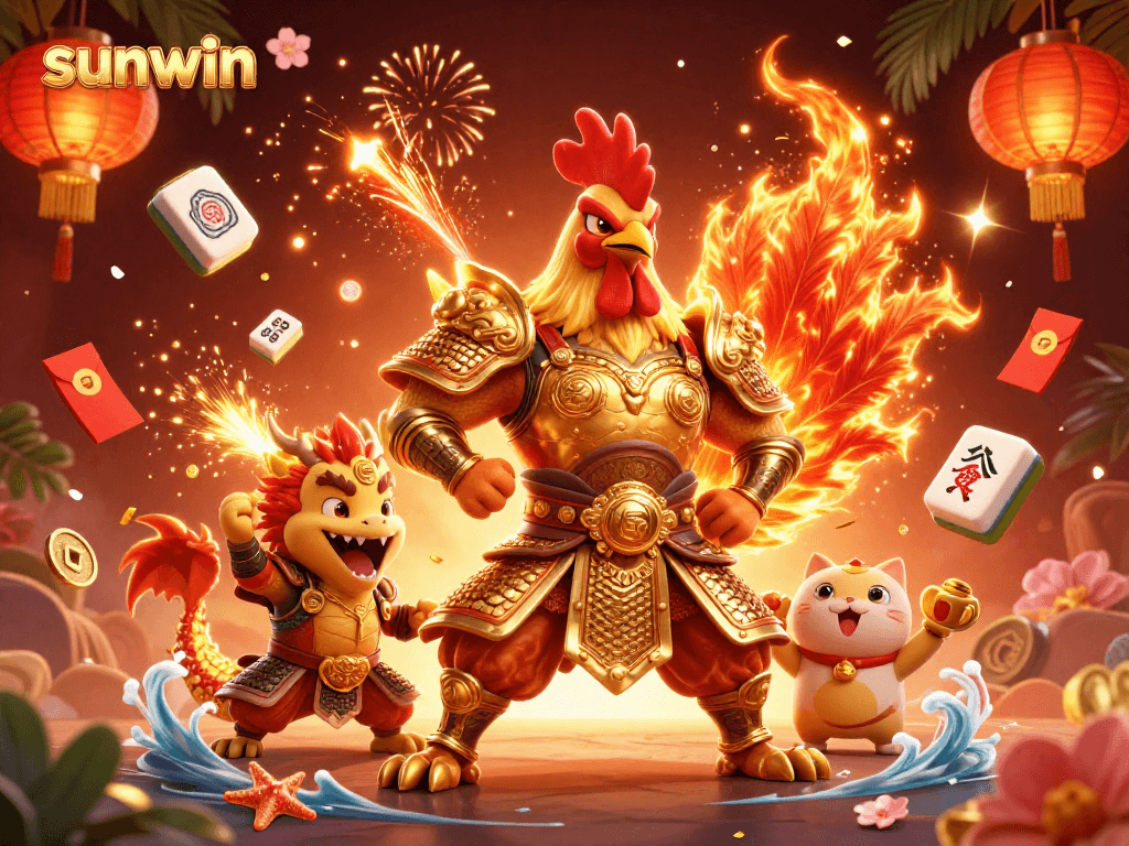 Experience the thrill with sunwin in a vibrant 3D casino scene featuring a rooster warrior and a dragon hatchling.