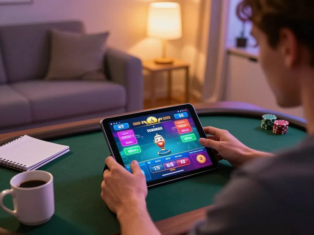 Engaging player enjoying lc88 poker online on a tablet at home, enhancing strategic gameplay.