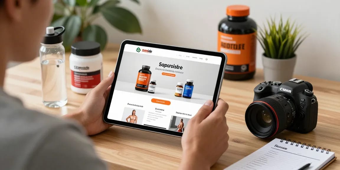 Steroide Boutique website displayed on a tablet while browsing anabolic products in a modern home office environment.