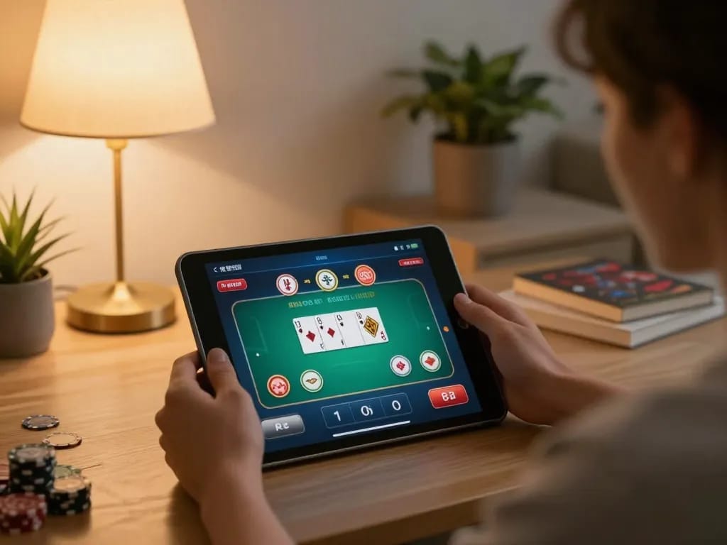 Player engaging with 88vv online casino app on tablet, showing poker strategy in a cozy home setting.