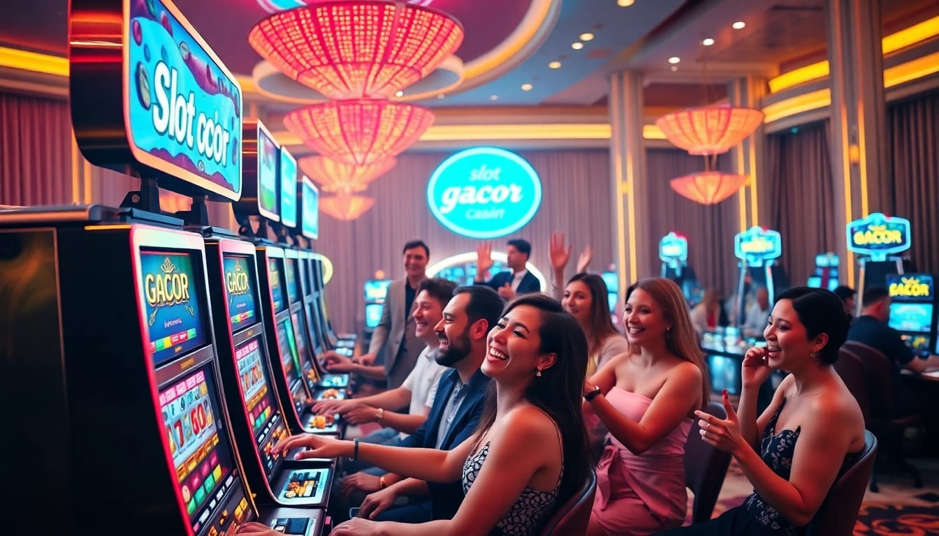 Excited players winning big with slot gacor machines in a luxurious casino environment.
