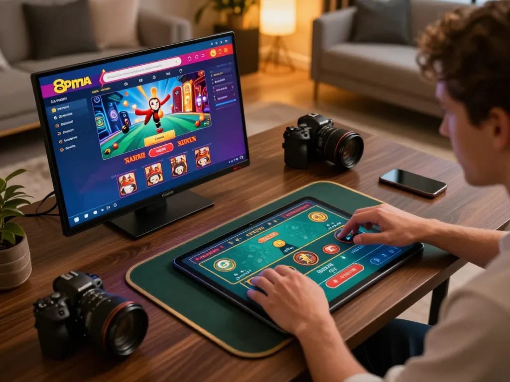 Engaging with 88aa mobi mobile casino interface on a modern gaming setup at home