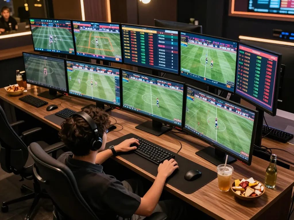 Person engaged in online sports betting using OnBet app with multiple screens showing live feeds.