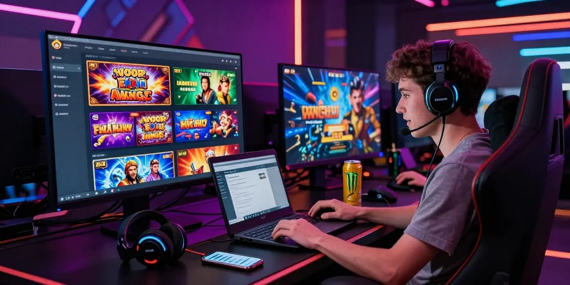 Player enjoying games on HM 88 online platform with vibrant interface and gaming accessories.
