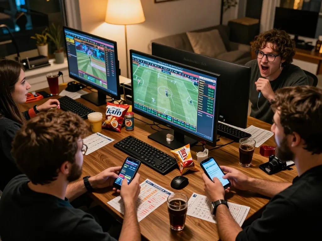 Sports enthusiasts placing bets on HM88 app during an exciting game night at home