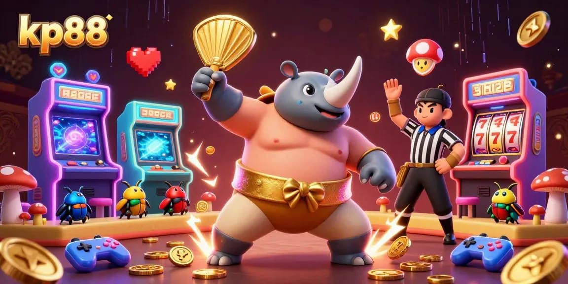Engage in thrilling gameplay at kp88 with a vivid sumo beetle champion amid flying coins and slot elements.