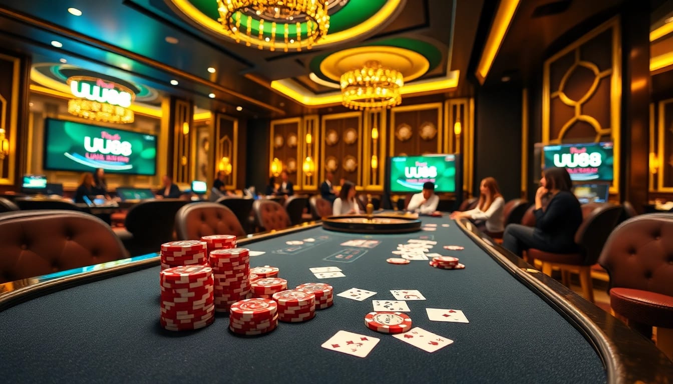 Engaged gamblers strategize at the nhà cái UU88 gaming table, showcasing excitement in a luxurious casino environment.