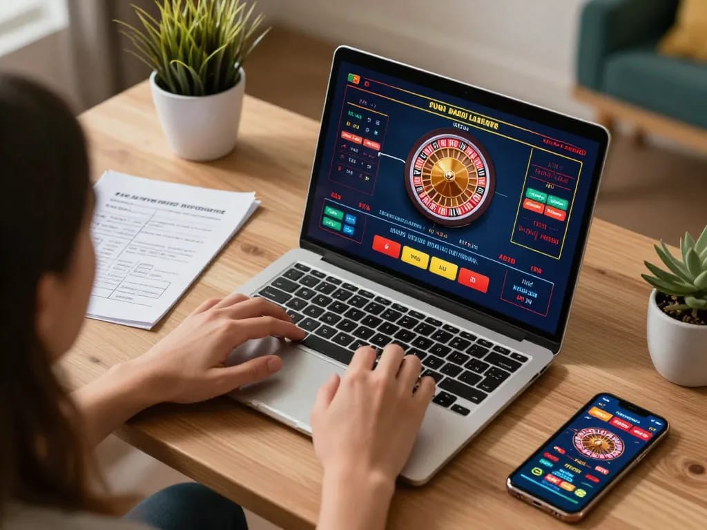Player enjoying live dealer roulette game on laptop while analyzing betting strategies at home with xo88