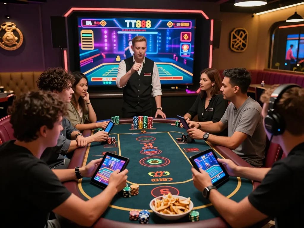 Group of friends enjoying an exciting TT88 live casino game experience, showcasing vibrant gaming devices and an inviting atmosphere.