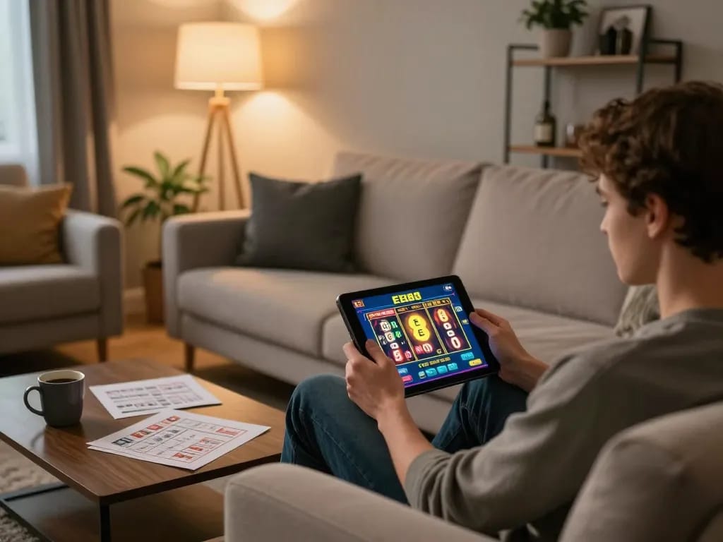 Engaging in online gambling with EE88 on a tablet in a cozy home setting while managing strategy notes.