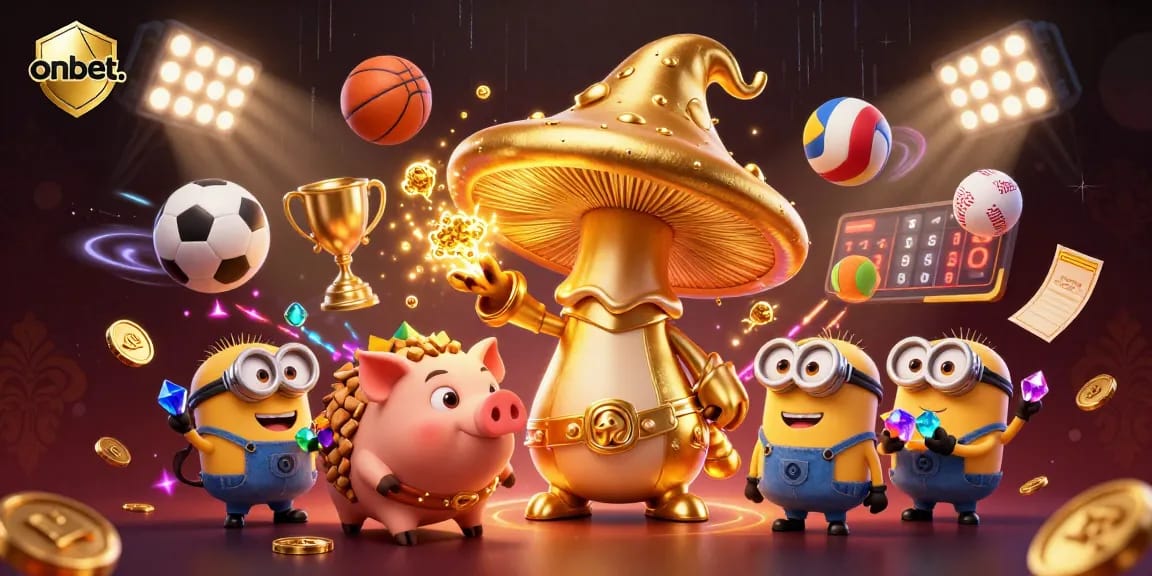 Experience thrilling betting action with onbet.'s 3D fantasy scene featuring a golden wizard and sports elements.