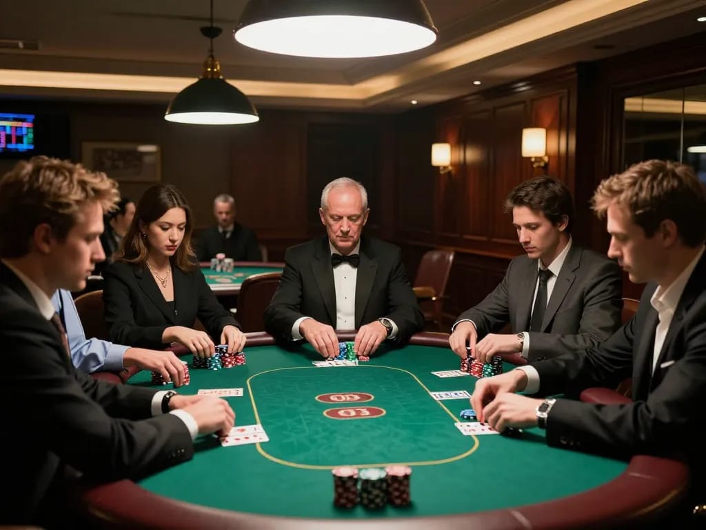 Intense gameplay at F168 poker table with players strategizing over chips and cards.