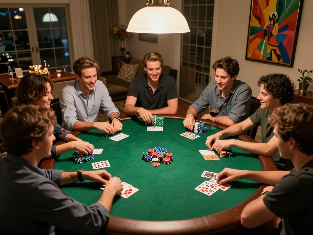 Engaging poker game night scene at home with friends, showcasing strategic gameplay and lively atmosphere featuring LC88.