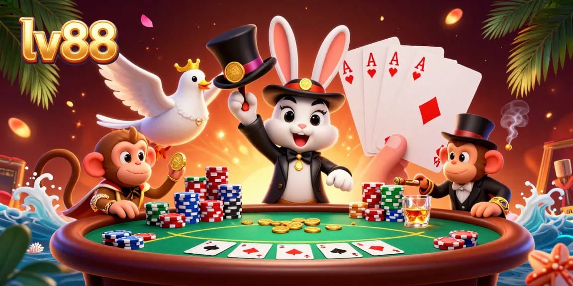 Experience excitement at lv88 with a playful magician rabbit and dazzling casino elements illustrating fun gambling moments.