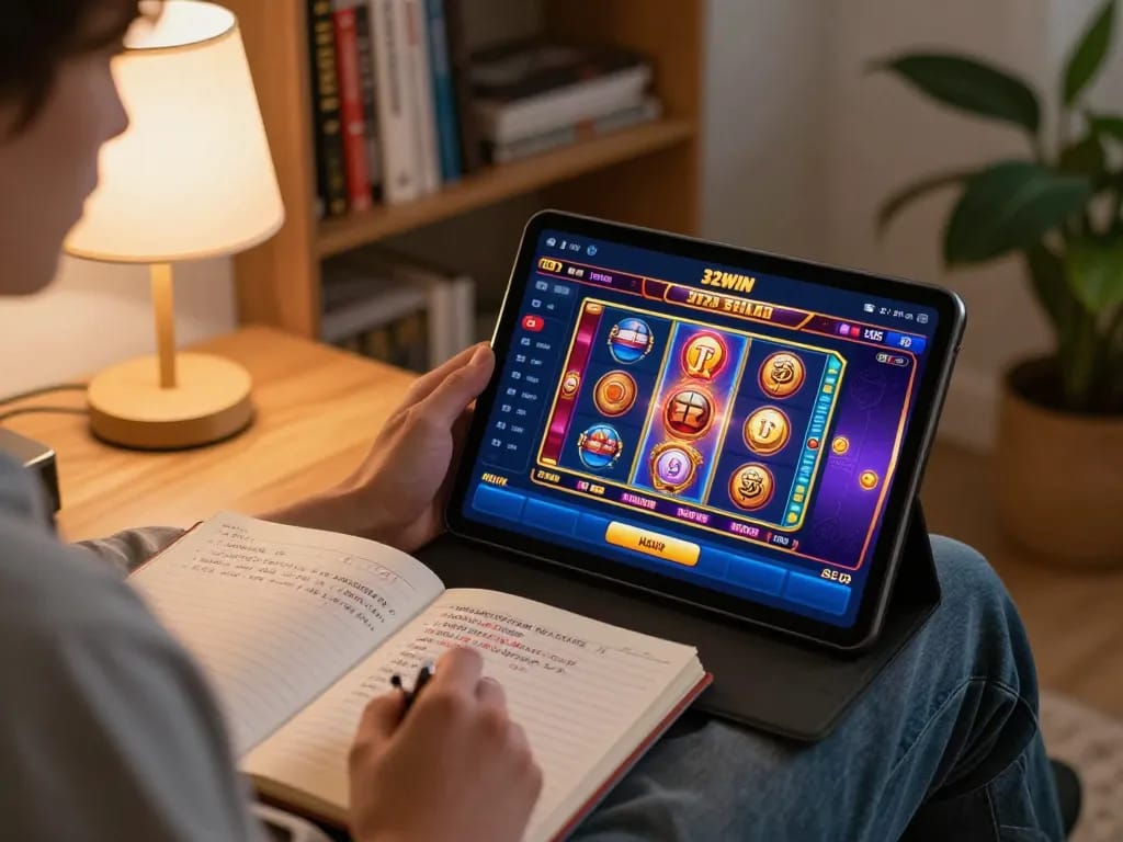 Experience the thrill of nhà cái 32win gaming on a tablet, showcasing engaging slot visuals and cozy settings.