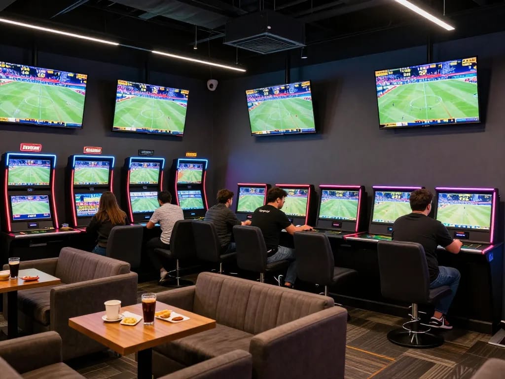 A lively sports betting atmosphere at bsport, with patrons engaged in placing bets and enjoying live sports on screens.