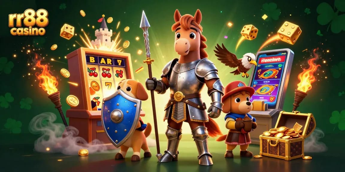 Experience the thrill of rr88 casino with vibrant games and winning elements from a dynamic 3D illustration.