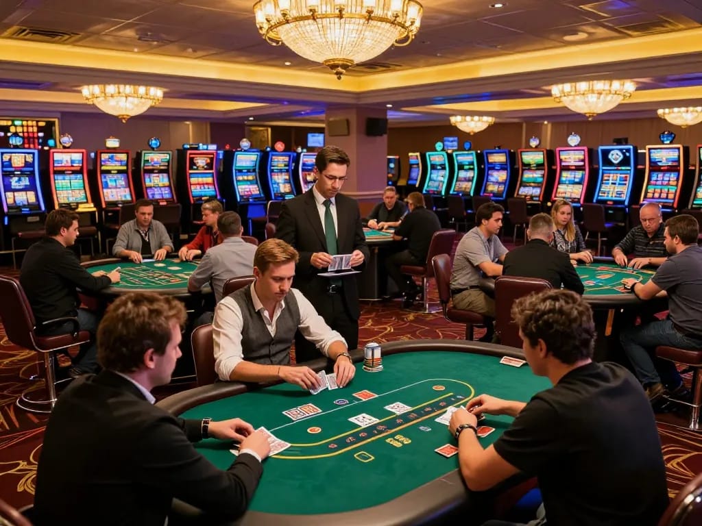 KP88 players engaged in intense card gameplay amid glowing casino lights and vibrant atmosphere.