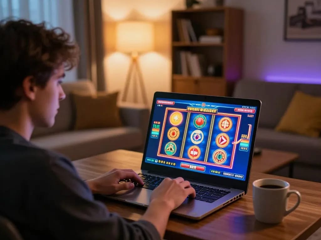 Player enjoying online slots at LU88 from a cozy home setting, capturing a strategic gaming moment.