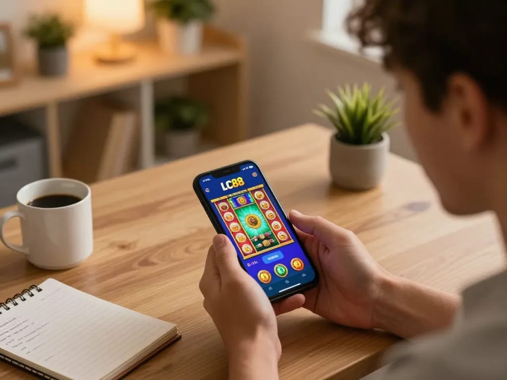 Player enjoying LC88 app's colorful slot games in a cozy home office.